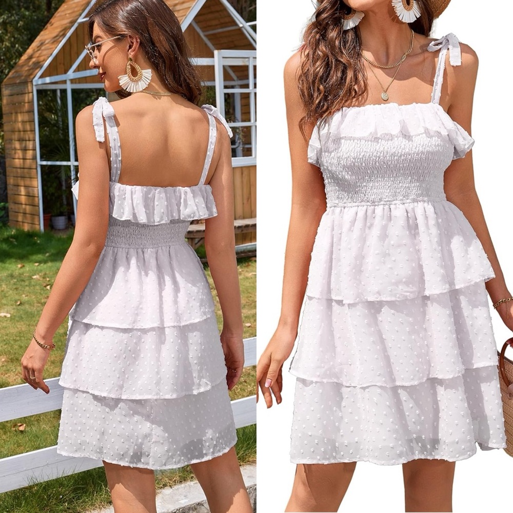 Square Neck Puff Sleeves Ruffle Midi Dress Boho Swiss Dot Tie Back Smocked Dress